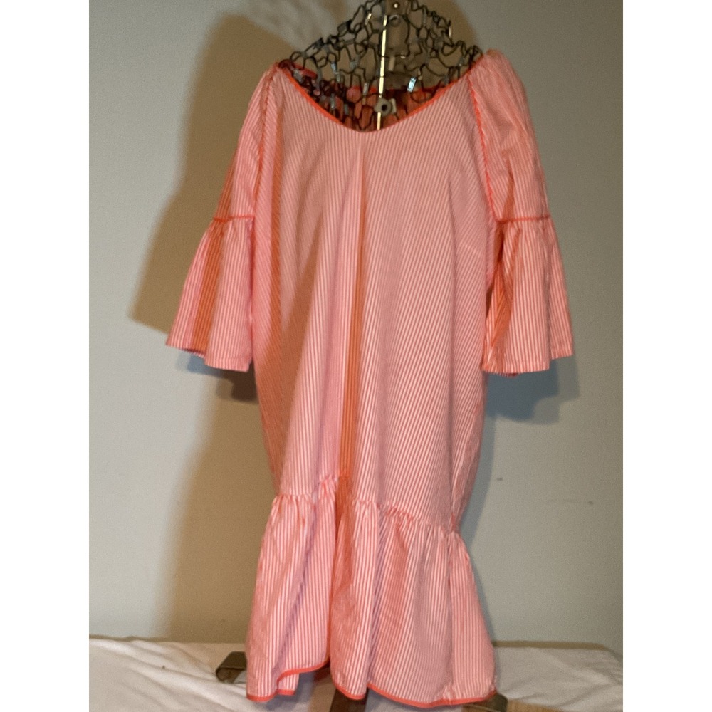 Crown & Ivy Coral Pink White Striped Cotton Ruffle Hem Bell Sleeve Dress Large‎
